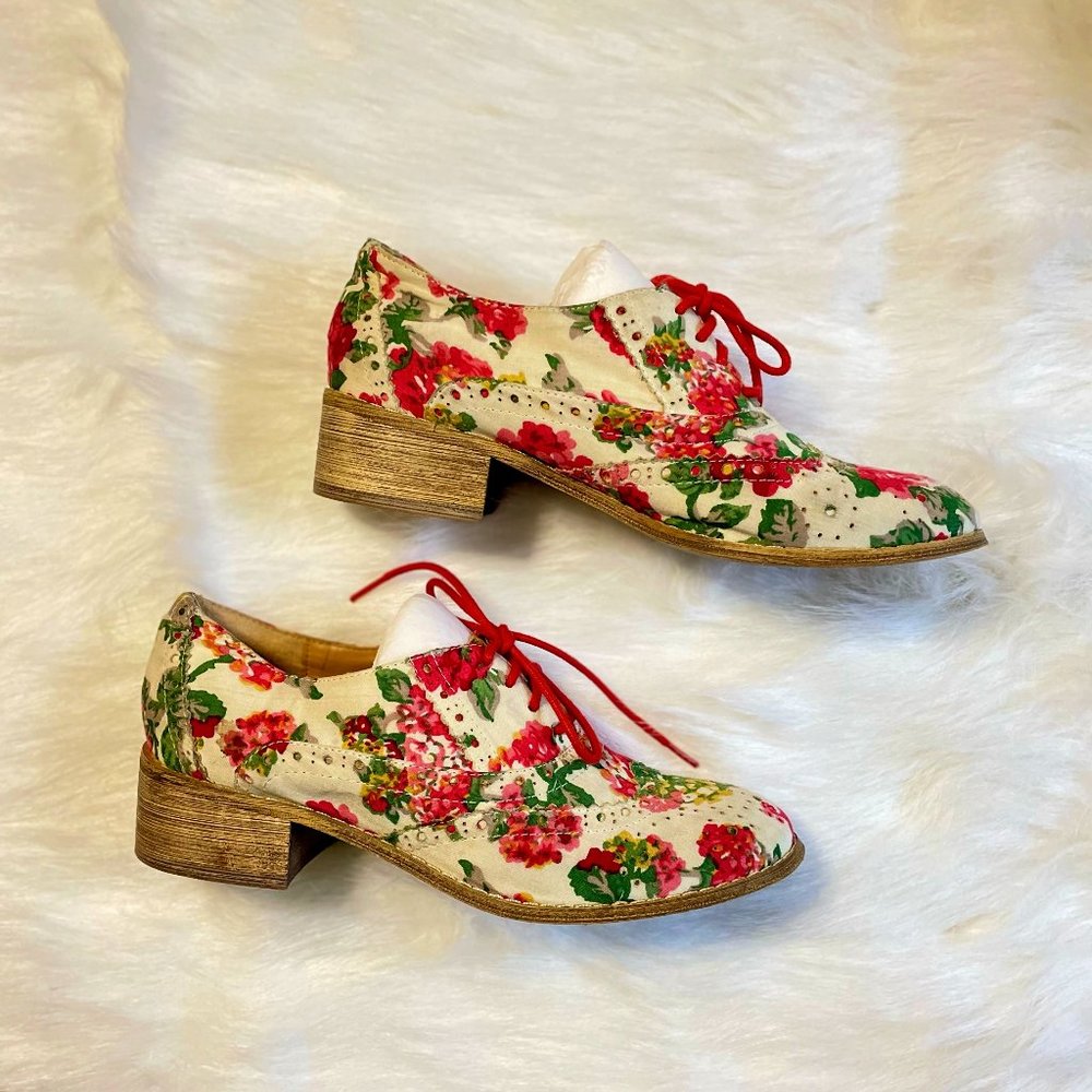 Women Oxford Shoes-White Floral-Oxford-With Block Heel